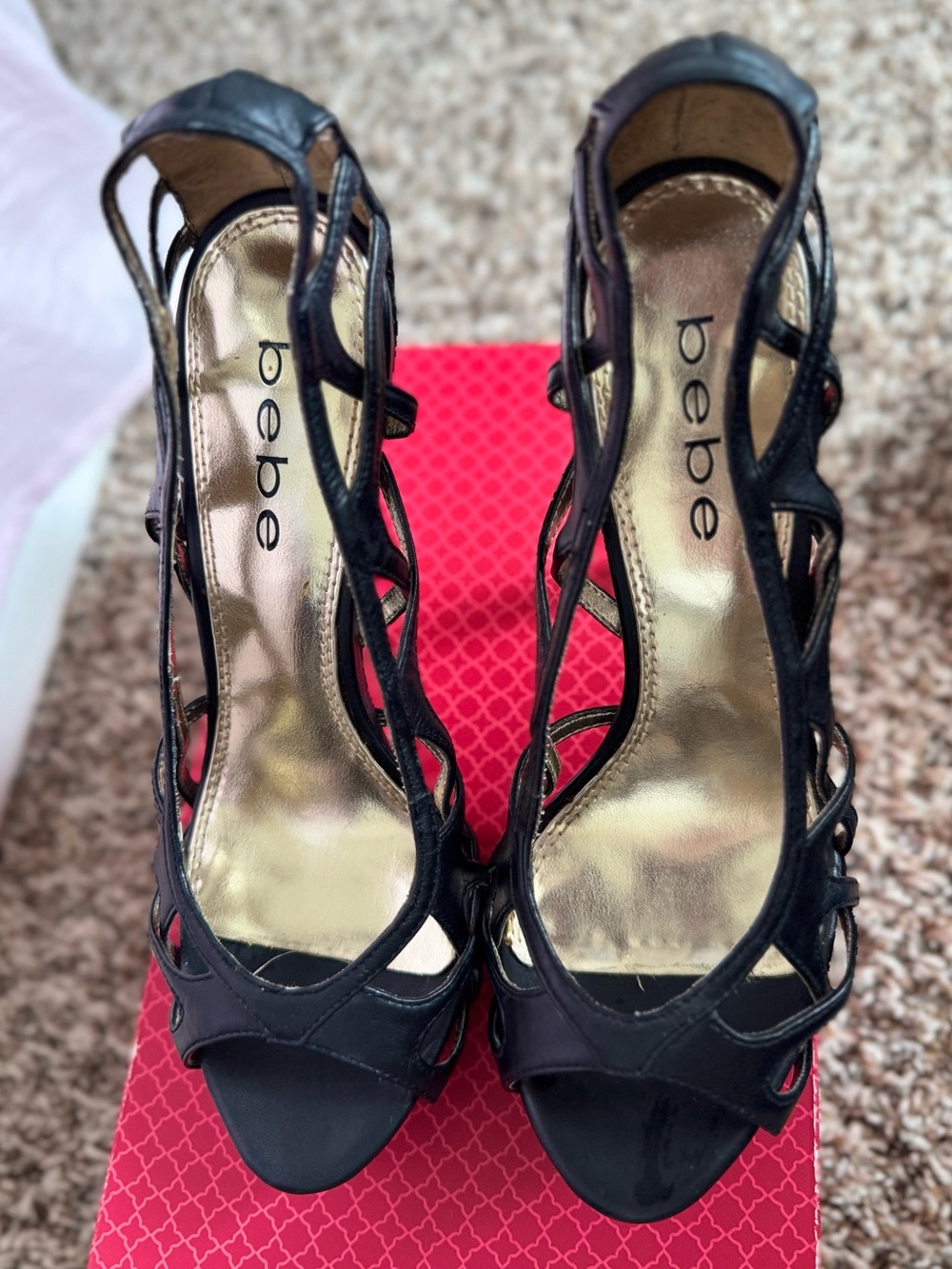 bebe Black Caged Strappy Heels Size 6, Cutout Design, Stiletto